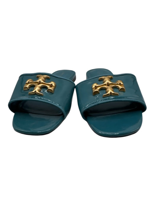Tory Burch Shoe Size 10.5 Teal Leather Upper Patent Gold Tone Logo Slide Sandals Teal / 10.5