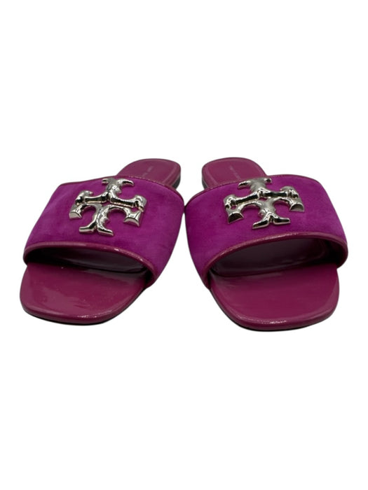 Tory Burch Shoe Size 10.5 Fuchsia Leather Upper Suede Metallic Logo Sandals Fuchsia / 10.5