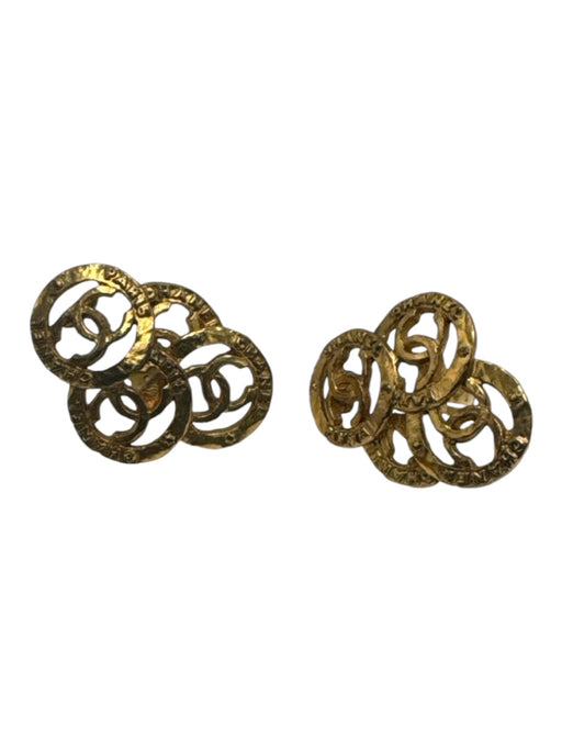 Chanel Gold Toned Metal Clip Ons Logo Cluster Earrings Gold