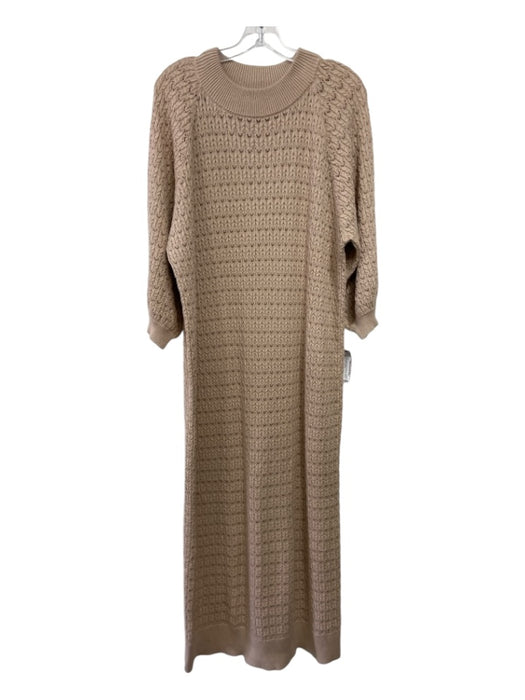 I Love Mr Mittens Size XS/S Beige Cotton Knit 3/4 Sleeve Ribbed Trim Midi Dress Beige / XS/S