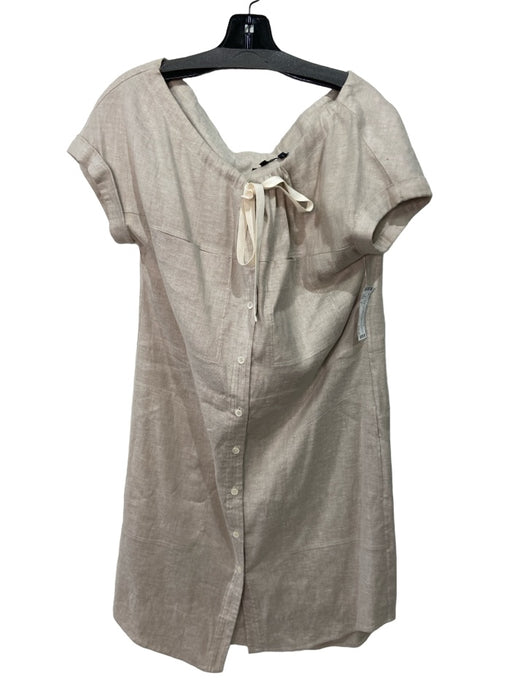 Theory Size 4 Beige Linen Blend Button Front Wide Neck Cap Sleeve Dress Beige / 4