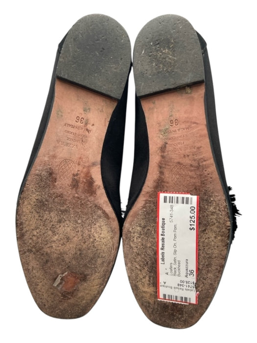 Aquazzura Shoe Size 36 Black Satin Slip On Pom Pom Loafers Black / 36