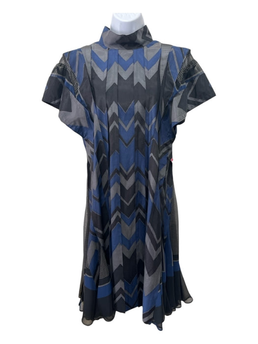 Sacai Size 3/L Blue black & Gray Cupro Blend Geometric Mock Neck Paneled Dress Blue black & Gray / 3/L