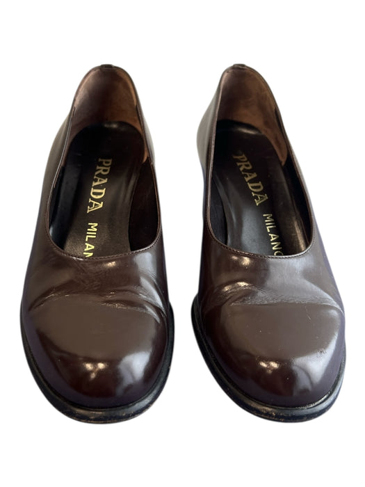 Prada Shoe Size 36.5 Brown Leather round toe Block Heel Shoes Brown / 36.5