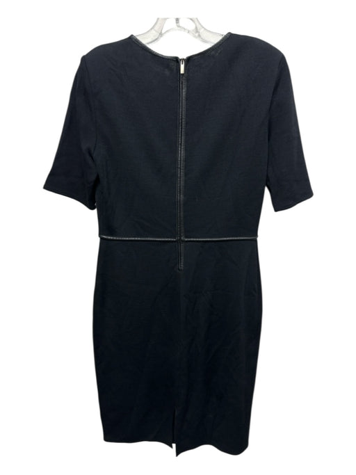 St John Size 6 Black Wool Blend Zip Back Leather Trim Crotchet Detail Dress Black / 6