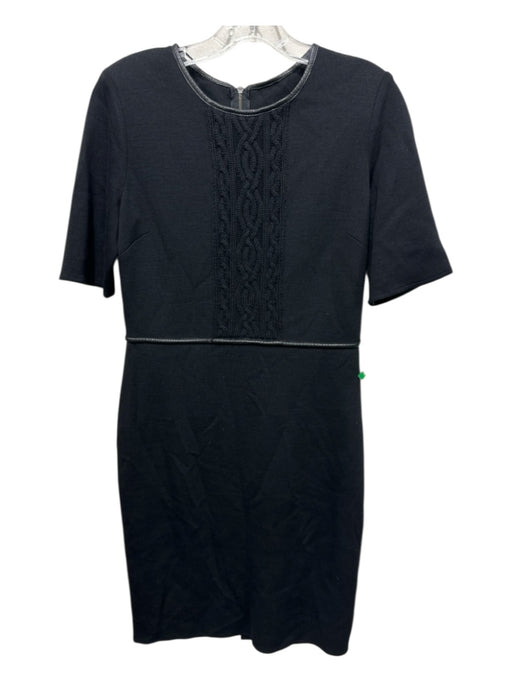 St John Size 6 Black Wool Blend Zip Back Leather Trim Crotchet Detail Dress Black / 6