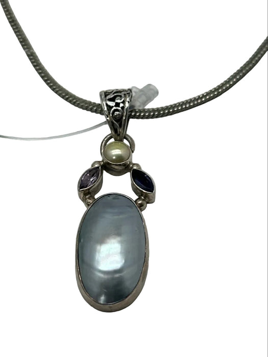 Silver, Gray & Multi 925 Silver Box Chain Mother of Pearl Pendant Necklace