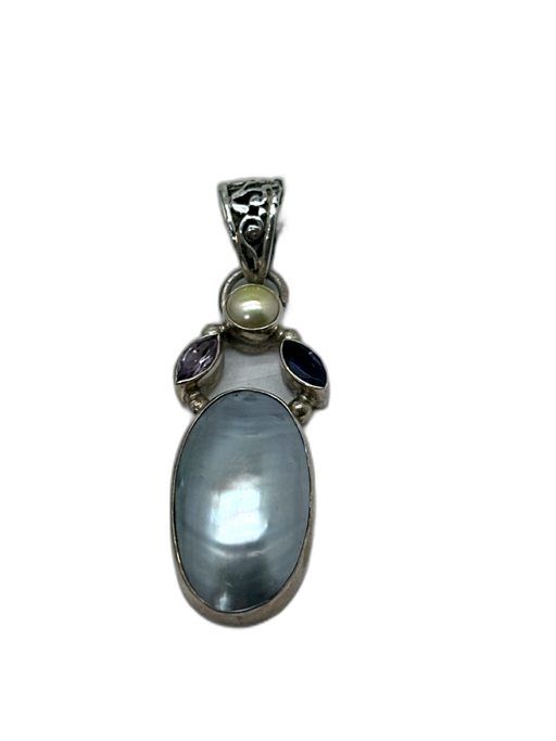 Silver, Gray & Multi 925 Silver Box Chain Mother of Pearl Pendant Necklace Silver, Gray & Multi