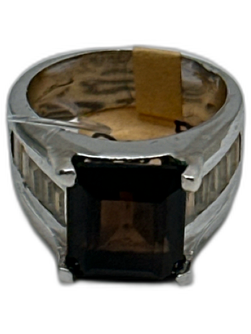 Silver & Brown 925 Silver Smokey Quartz Emerald Cut Baguette Thick Band Ring Silver & Brown