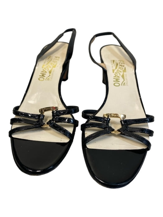 Ferragamo Shoe Size 6.5 Black Leather Patent Sandal Gold Detail Strappy Shoes Black / 6.5