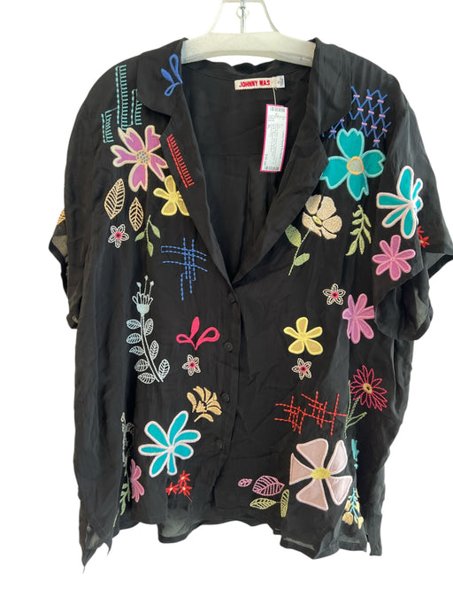 Johnny Was Size XL Black & Multi Rayon Collared Button Up Short Sleeve Top Black & Multi / XL