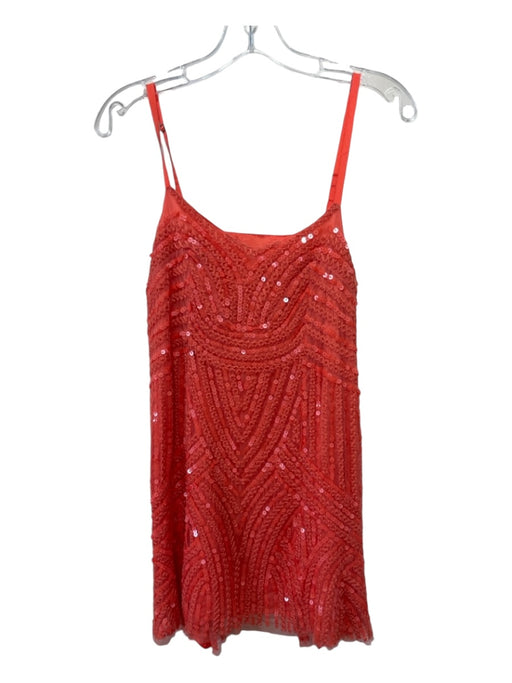 Free People Size 4 Coral Orange Nylon Sequin Design Spaghetti Strap Dress Coral Orange / 4