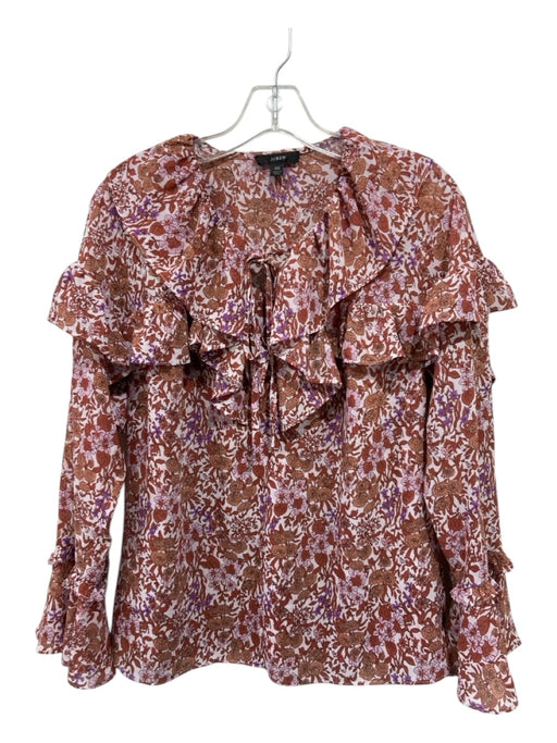 J Crew Size XS White, Red, Purple Polyester Long Sleeve Floral Ruffles Top White, Red, Purple / XS