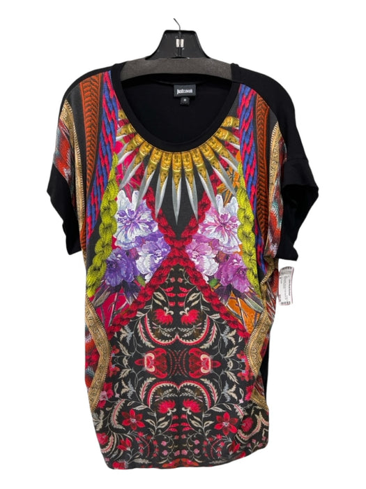 Just Cavalli Size M Black & Multi Viscose Short Sleeve All Over Print Top Black & Multi / M