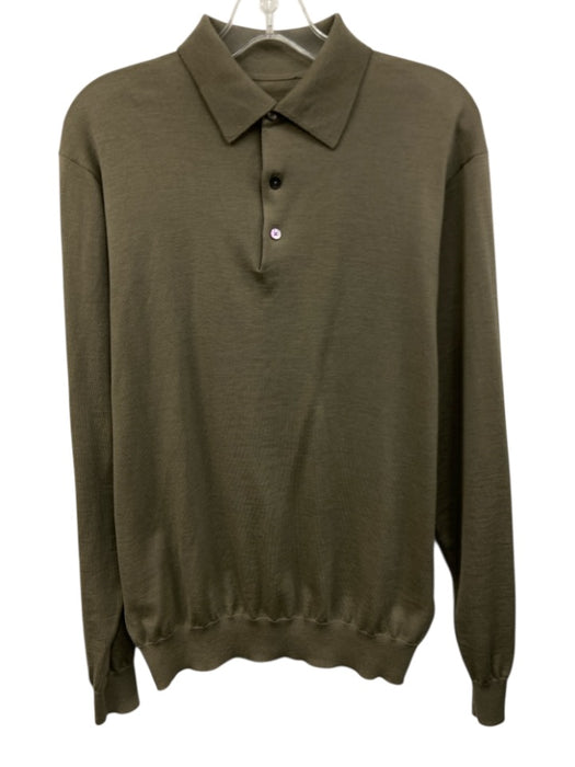 Suitsupply Size Est XL Olive Green Wool Solid Buttons Men's Long Sleeve Shirt Olive Green / Est XL