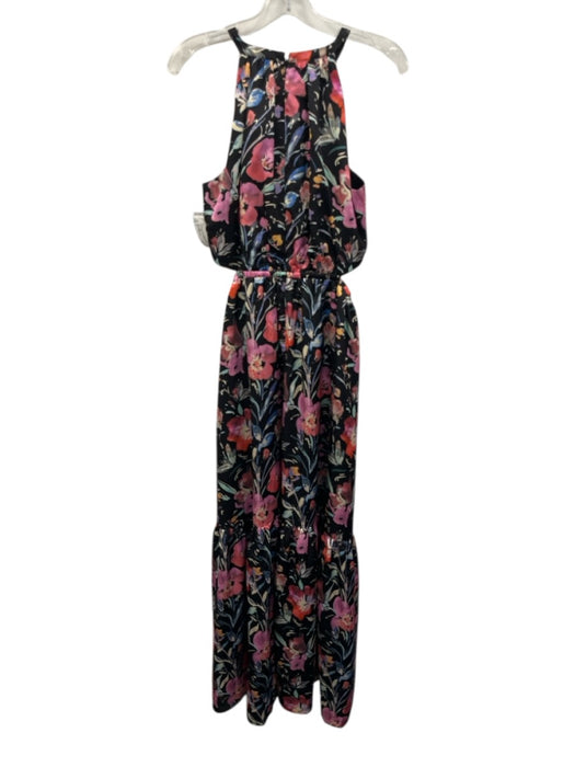 Aidan Aidan Mattox Size 4 Black, Pink, Multi Polyester High Neck Floral Gown Black, Pink, Multi / 4