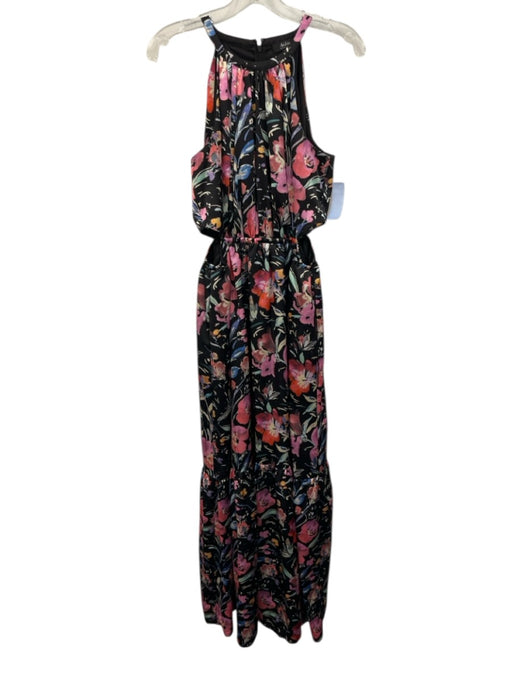 Aidan Aidan Mattox Size 4 Black, Pink, Multi Polyester High Neck Floral Gown Black, Pink, Multi / 4