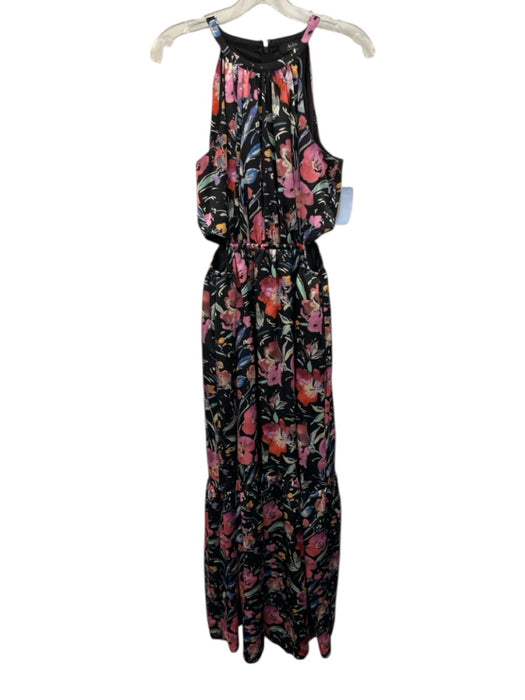 Aidan Aidan Mattox Size 4 Black, Pink, Multi Polyester High Neck Floral Gown Black, Pink, Multi / 4
