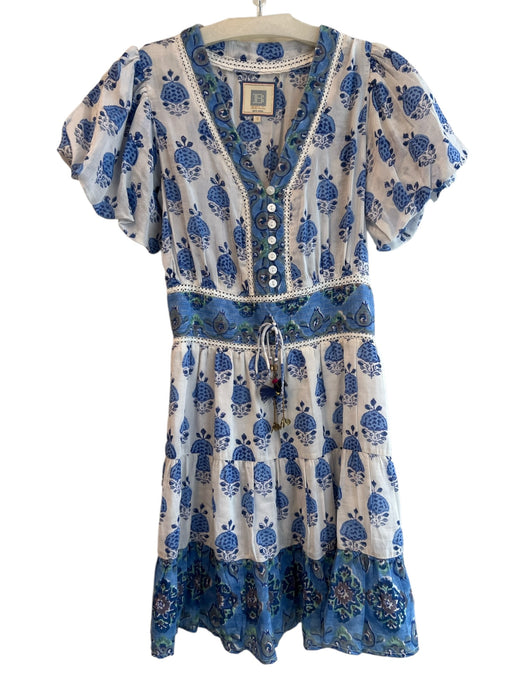 Bell Size S Blue Cotton & Silk broderie anglaise Floral V Neck Mini Dress Blue / S