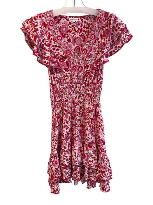 Poupette St. Barth Size XS Red Viscose V Neck Floral Ruffle Cap Sleeve Dress Red / XS