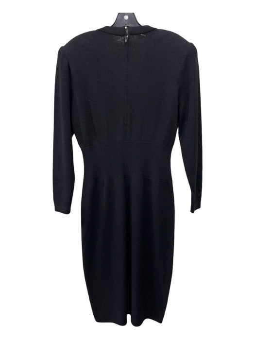 St John Size 12 Black Wool Blend Surplice Pleat Detail Knit Long Sleeve Dress Black / 12