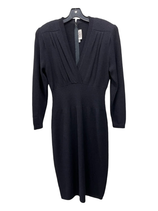 St John Size 12 Black Wool Blend Surplice Pleat Detail Knit Long Sleeve Dress Black / 12