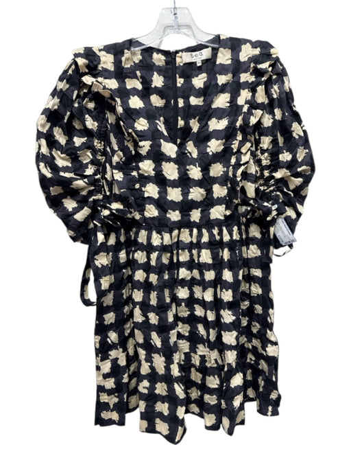 Sea New York Size XS Black & Beige Cotton Abstract Print V Neck Ruffle Dress Black & Beige / XS