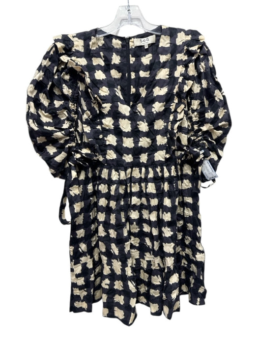 Sea New York Size XS Black & Beige Cotton Abstract Print V Neck Ruffle Dress Black & Beige / XS