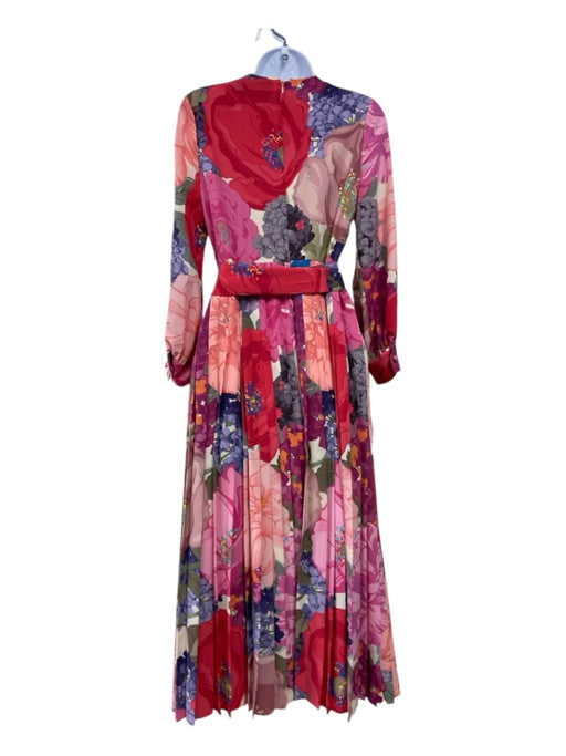 Valentino Size M Pink Blue & Multi Silk Floral Long Sleeve Midi Dress Pink Blue & Multi / M