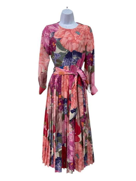 Valentino Size M Pink Blue & Multi Silk Floral Long Sleeve Midi Dress Pink Blue & Multi / M