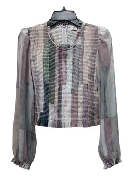 Wilfred Size L Gray, Purple, Green Polyester Abstract Sheer Long Sleeve Top Gray, Purple, Green / L