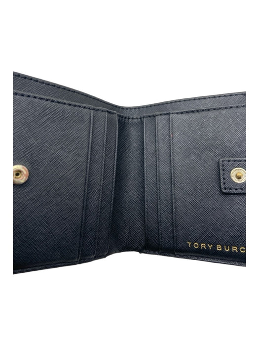 Tory Burch Black Saffiano Leather Gold hardware Logo Zip closure Fold Wallets Black