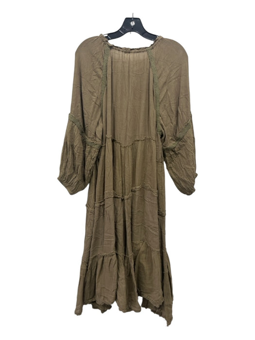 Free People Size M Green Cotton Raw Edge Tie Neck 3/4 Sleeve Shift Dress Green / M