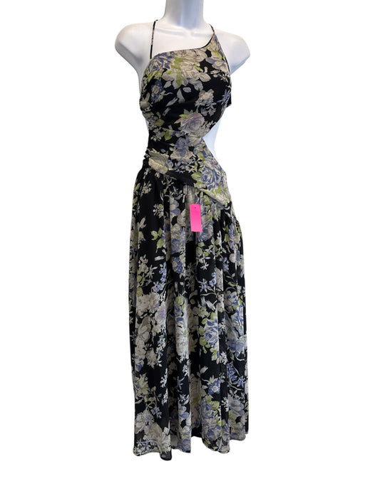 ASTR The Label Size XS Black, Blue, Green Polyester Tie Back Floral Midi Dress Black, Blue, Green / XS