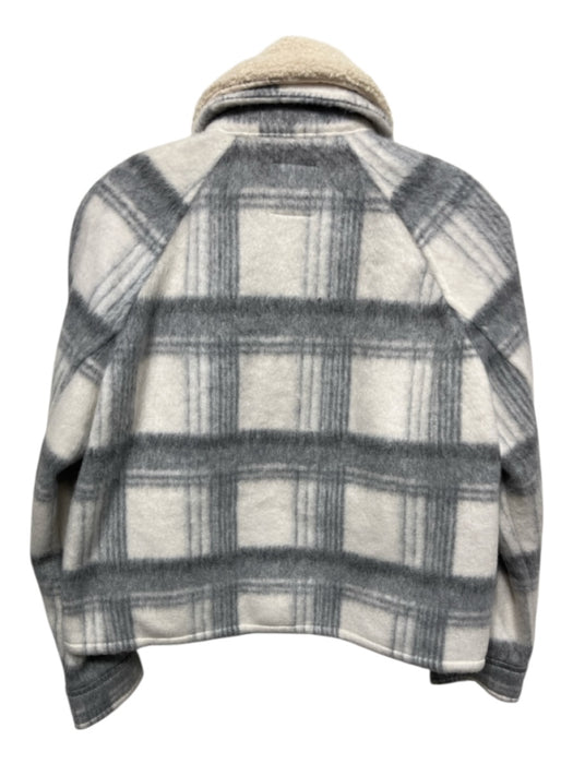 Zara Size S White & Gray Print Polyester Plaid Fleece Faux Fur Collar Jacket White & Gray Print / S