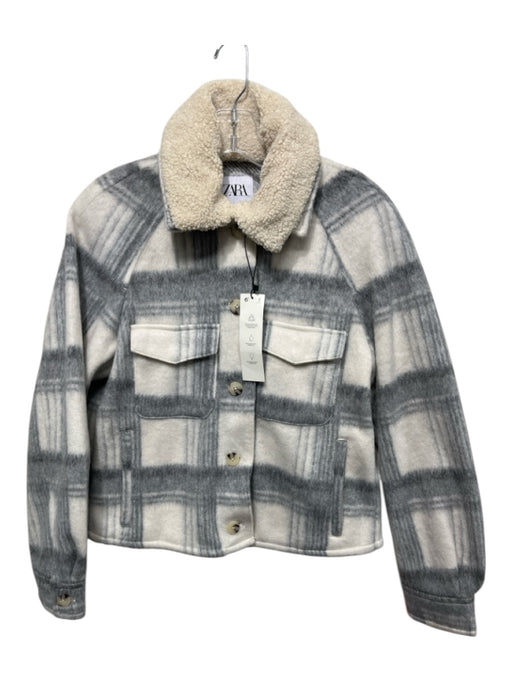 Zara Size S White & Gray Print Polyester Plaid Fleece Faux Fur Collar Jacket White & Gray Print / S
