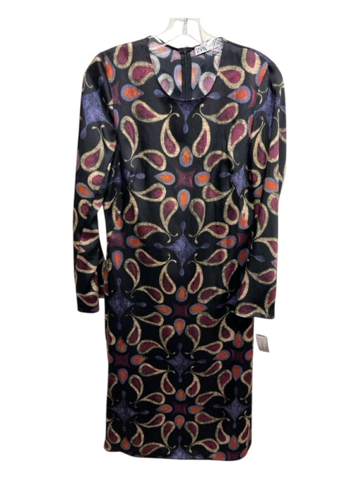 Zara Size S Black, Purple, Pink Polyester Back Zip Paisley Long Sleeve Dress Black, Purple, Pink / S