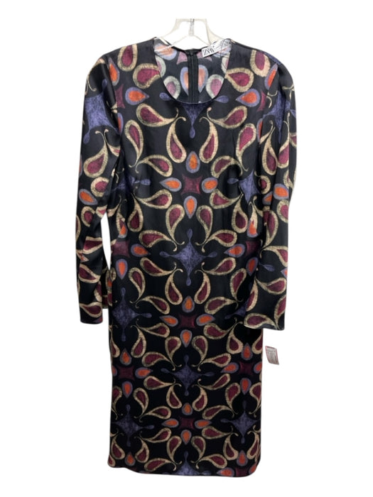 Zara Size S Black, Purple, Pink Polyester Back Zip Paisley Long Sleeve Dress Black, Purple, Pink / S