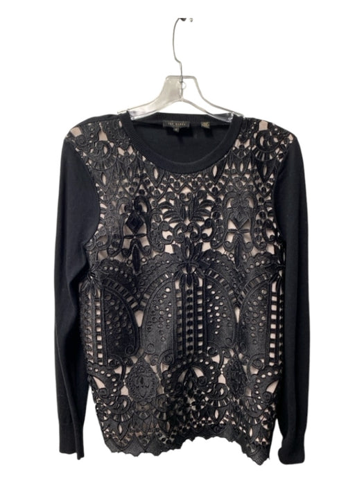 Ted Baker Size S Black & Nude Cotton Lace Detail Long Sleeve Round Neck Sweater Black & Nude / S