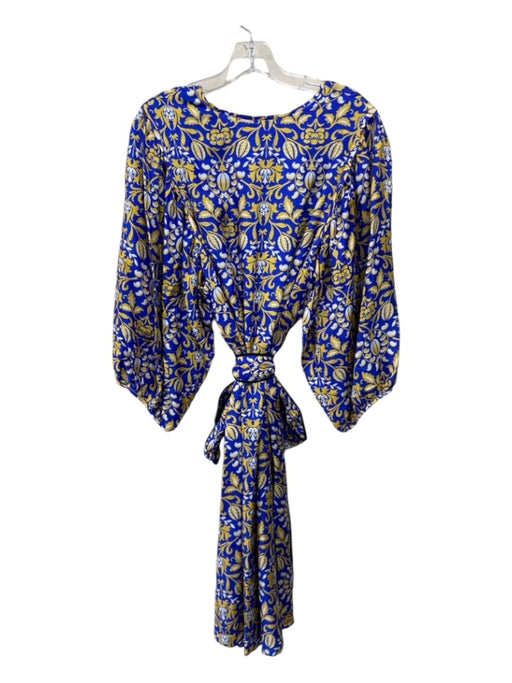 Cynthia Rowley Size 8 Blue & Yellow Silk V Neck Floral Balloon Sleeve Midi Dress Blue & Yellow / 8