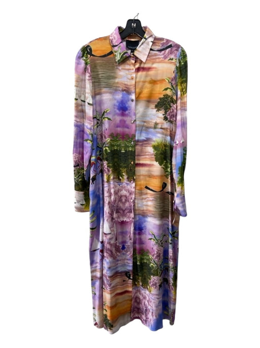 Cynthia Rowley Size L Purple, Pink, Green Silk Tropical Button Down Maxi Dress Purple, Pink, Green / L