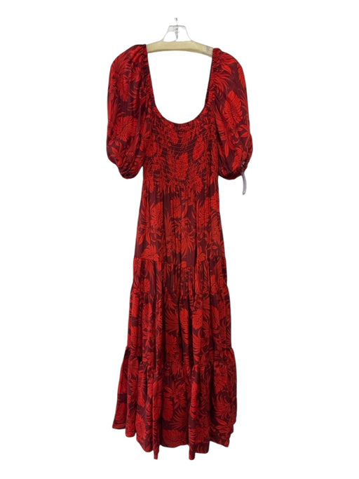 La Ligne Size M Red & Burgundy Silk Smocked Bodice Floral Long Sleeve Maxi Dress Red & Burgundy / M