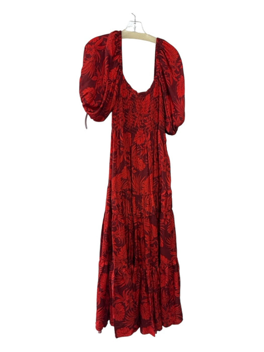 La Ligne Size M Red & Burgundy Silk Smocked Bodice Floral Long Sleeve Maxi Dress Red & Burgundy / M