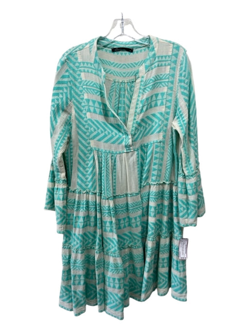 Devotion Twins Size S Aqua Blue & orange Cotton V Neck Long Sleeve Dress Aqua Blue & orange / S