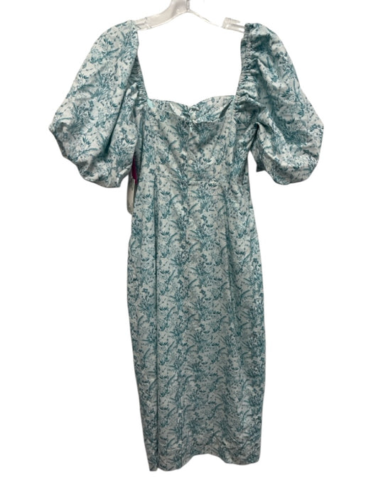 Hyacinth House Size XS Teal & White Cotton Short Puff Sleeve Floral boning Dress — Labels Resale Boutique