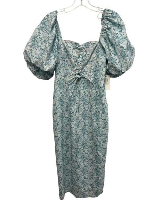 Hyacinth House Size XS Teal & White Cotton Short Puff Sleeve Floral boning Dress Teal & White / XS