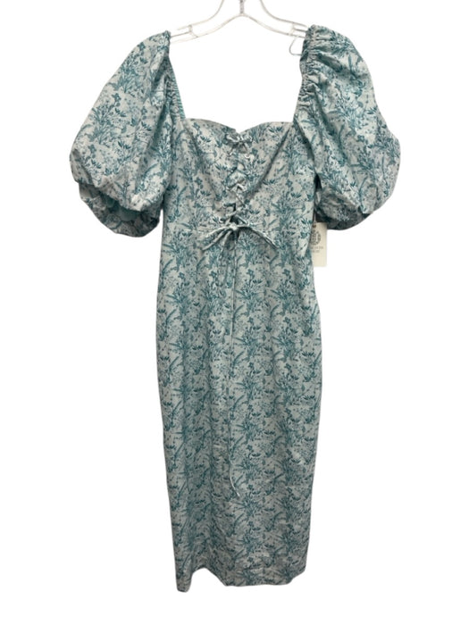 Hyacinth House Size XS Teal & White Cotton Short Puff Sleeve Floral boning Dress Teal & White / XS