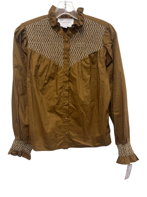 The Shirt Rochelle Behrens Size Small Brown & White Long puff sleeve smocked Top Brown & White / Small