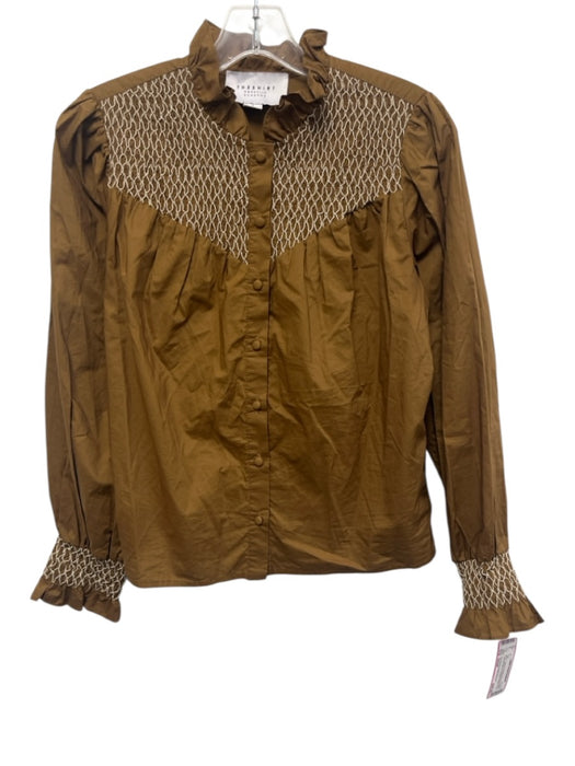 The Shirt Rochelle Behrens Size Small Brown & White Long puff sleeve smocked Top Brown & White / Small