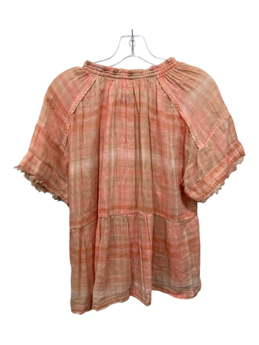 Pilcro Size S Orange Cotton Plaid Tie Neck Drop Shoulder short sleeve Top Orange / S